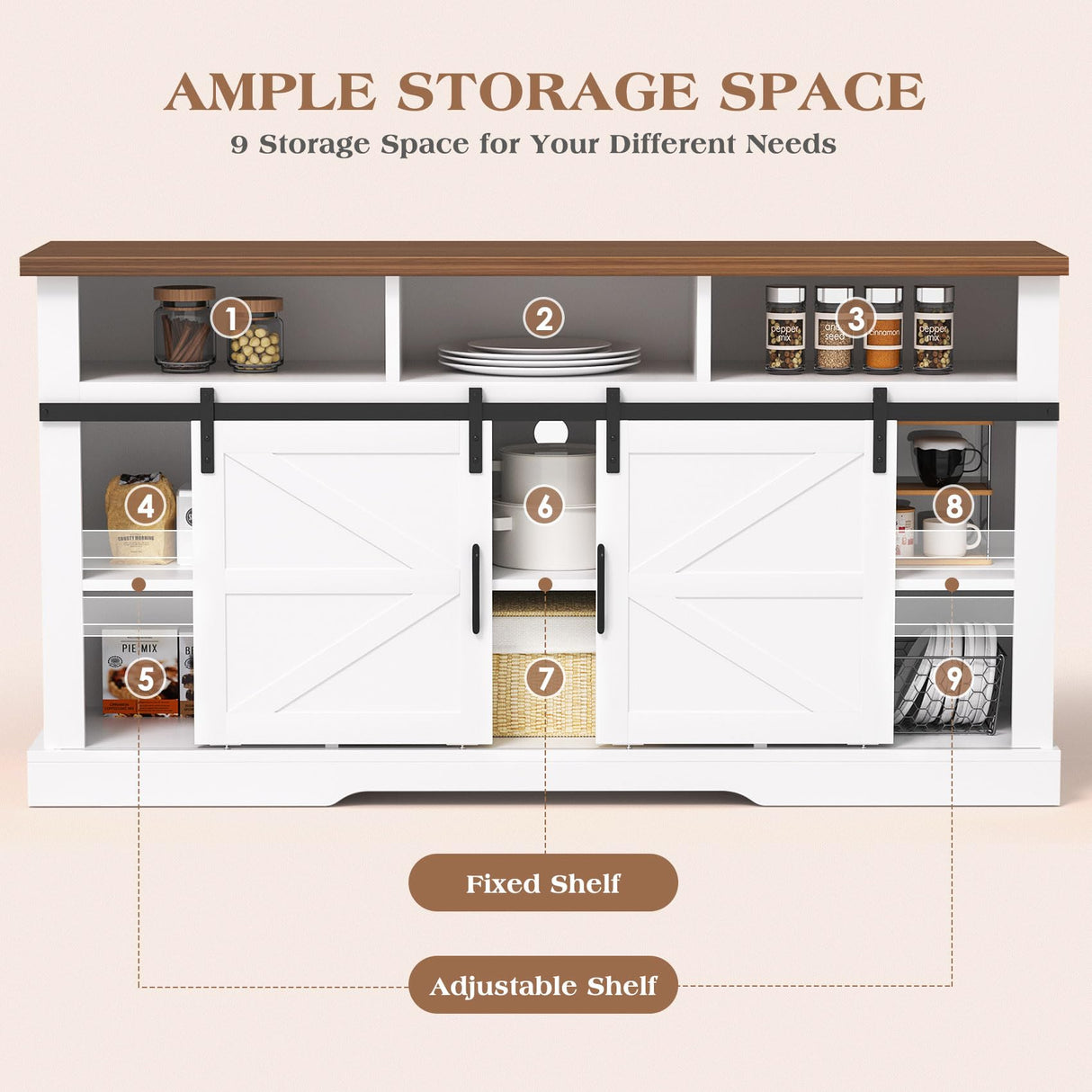 SYESWAY Farmhouse Coffee Bar, 58”Coffee Bar Cabinet with Sliding Barn Door and Adjustable Shelf, Kitchen Buffet Cabinet with Storage for Kitchen, Dining Room, Living Room, White SYESWAY