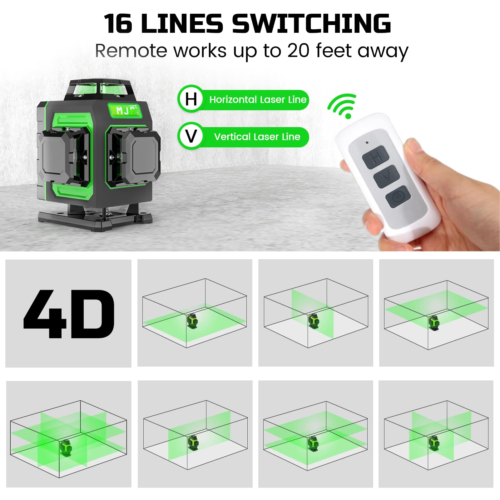 MJF Laser Level, 16 Green Cross Line, Pocket Size, 4D Lasers with Rechargeable Long-Lasting Battery, High Accuracy Nivel Level, with Self-leveling, Ideal for Construction and Home Décor - WoodArtSupply