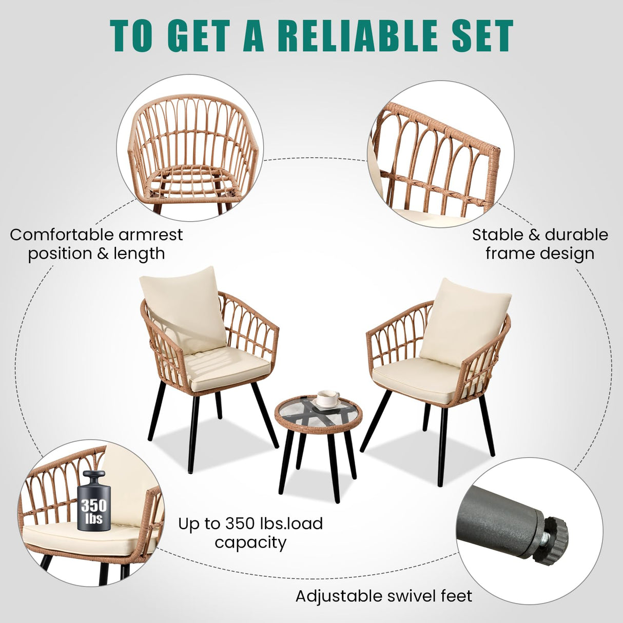 IJIALIFE 3 Pieces Patio Bistro Set, Outdoor Wicker Table and Chairs Set of 2, Rattan Balcony Furniture Set with Cushions for Front Porch Apartment Backyard Deck,Beige IJIALIFE