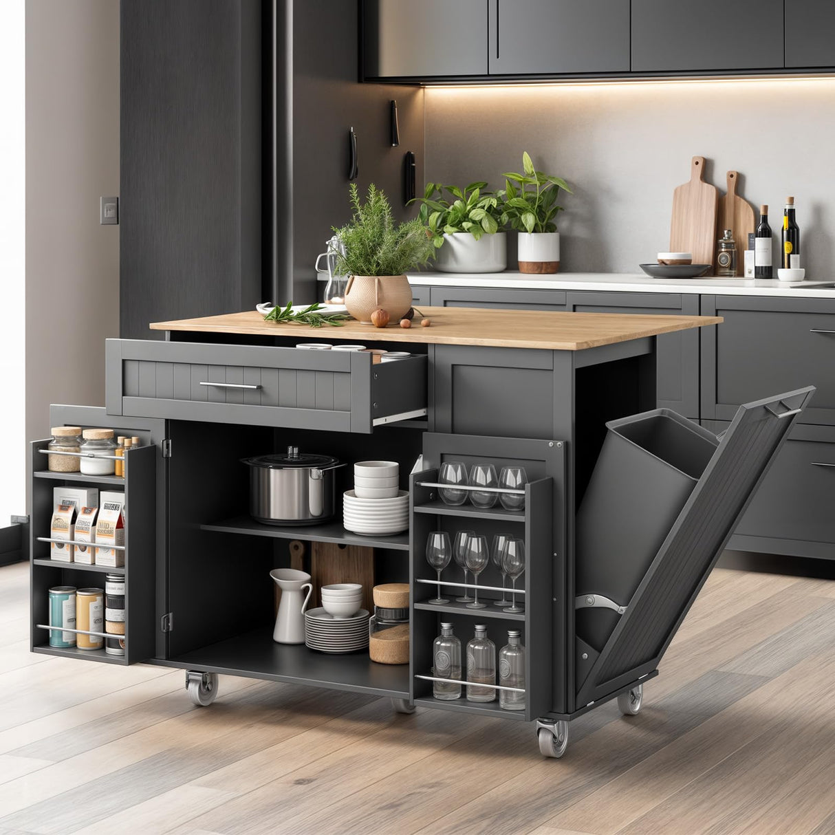 43.3" Rolling Kitchen Island Cart with Drop Leaf & Storage - Mobile Kitchen Organizer with Wheels, Rubberwood Top, Trash Bin Cabinet & Towel Rack, Farmhouse Style for Small Spaces Grey LotaTools