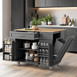 43.3" Rolling Kitchen Island Cart with Drop Leaf & Storage - Mobile Kitchen Organizer with Wheels, Rubberwood Top, Trash Bin Cabinet & Towel Rack, Farmhouse Style for Small Spaces Grey LotaTools