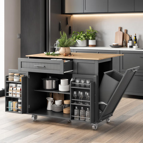 43.3" Rolling Kitchen Island Cart with Drop Leaf & Storage - Mobile Kitchen Organizer with Wheels, Rubberwood Top, Trash Bin Cabinet & Towel Rack, Farmhouse Style for Small Spaces Grey LotaTools