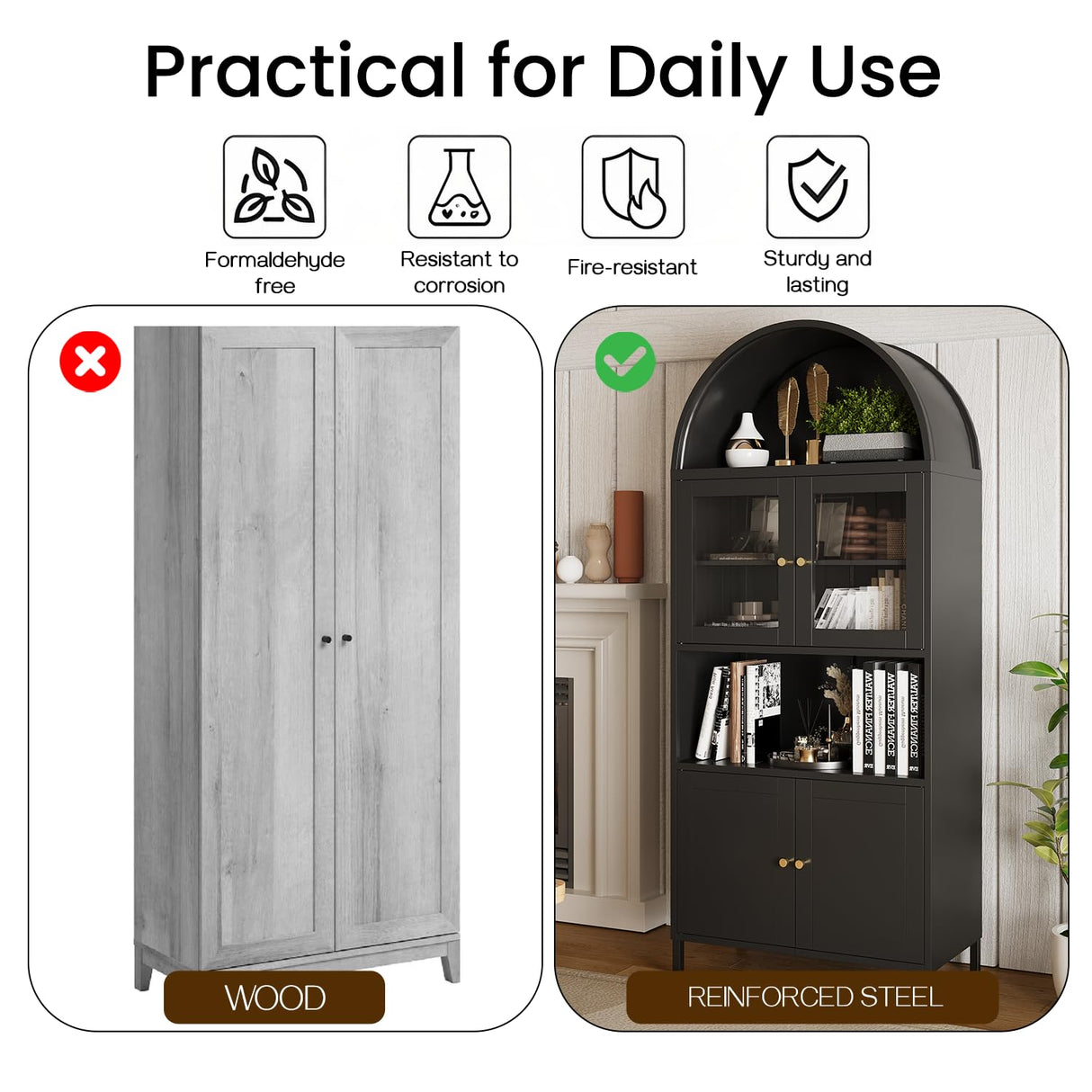 JFHID 73'' Arched Metal Storage Cabinet, Modern Kitchen Pantry with Glass Door & Adjustable Shelves, Display Bookcase Curio Cabinet for Living Room, Dining Room or Kitchen JFHID