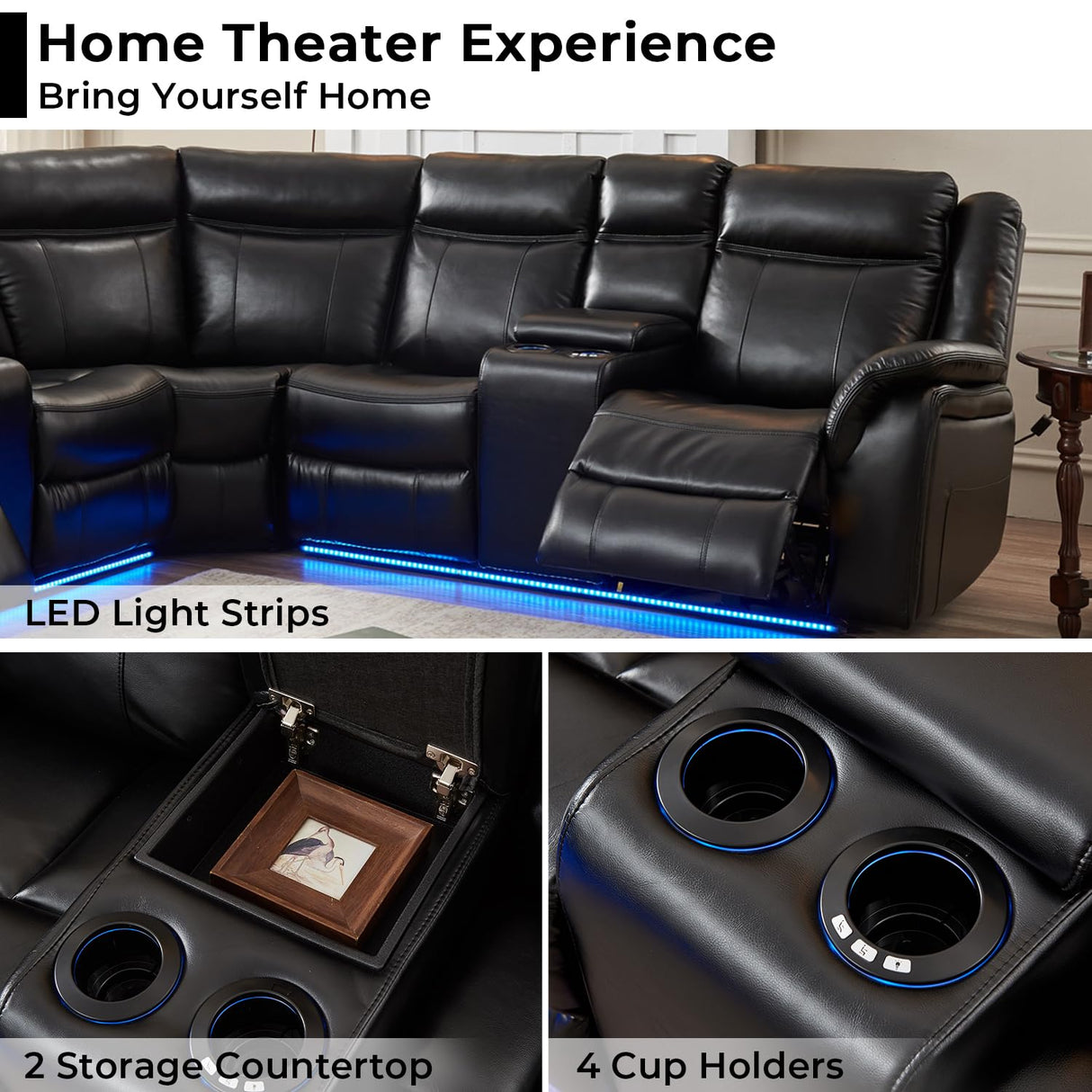 Power Recliner Sectional Sofa Couches with LED Lights for Living Room, Faux Leather Wall Hugger Reclining Corner Couch Sets with 2 Home Theater Seat, USB Charger, Cup Holder, Storage Console, Black Comfort Stretch