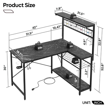 Bestier 42 L Gaming Desk,Computer Desk with Power Outlets, LED Lights, Reversible Corner Desk with 4-Tier Shelves,Cup Holder & Hook Black Marble - WoodArtSupply