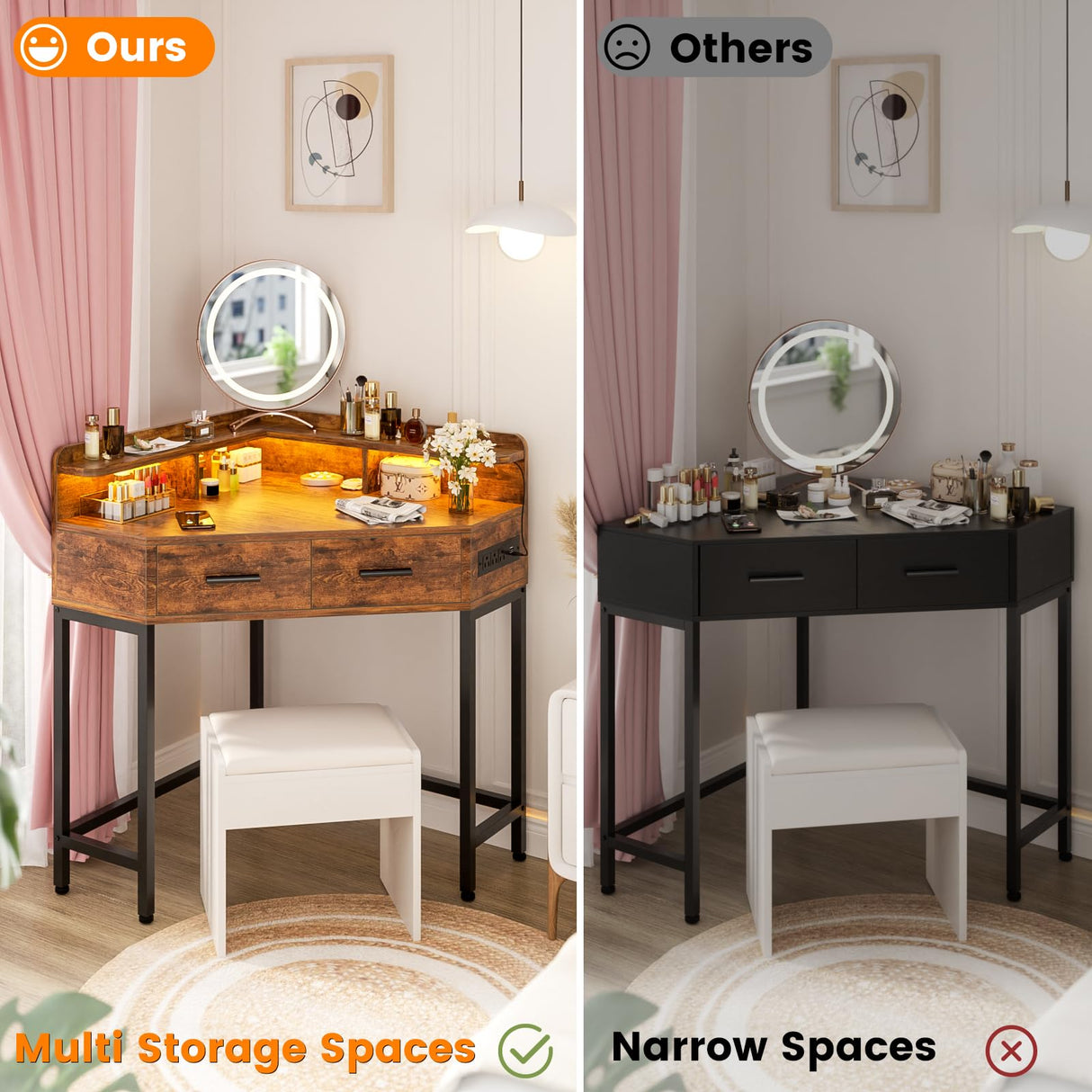 Cyclysio Corner Vanity Desk Without Mirror, Makeup Vanity Table with Lights & Power Outlets, Small Corner Vanity with Drawers for Bedroom,Small Spaces, Brown Cyclysio