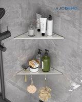AJOBEND Corner Shower Shelves with Razor Slot & 2 Hooks, 10" Stainless Steel Recessed Triangle Shelf Racks for Bathroom, Grout in Shelf for Tiled Wall, 2 Pack (Holds 15lbs) AJOBEND