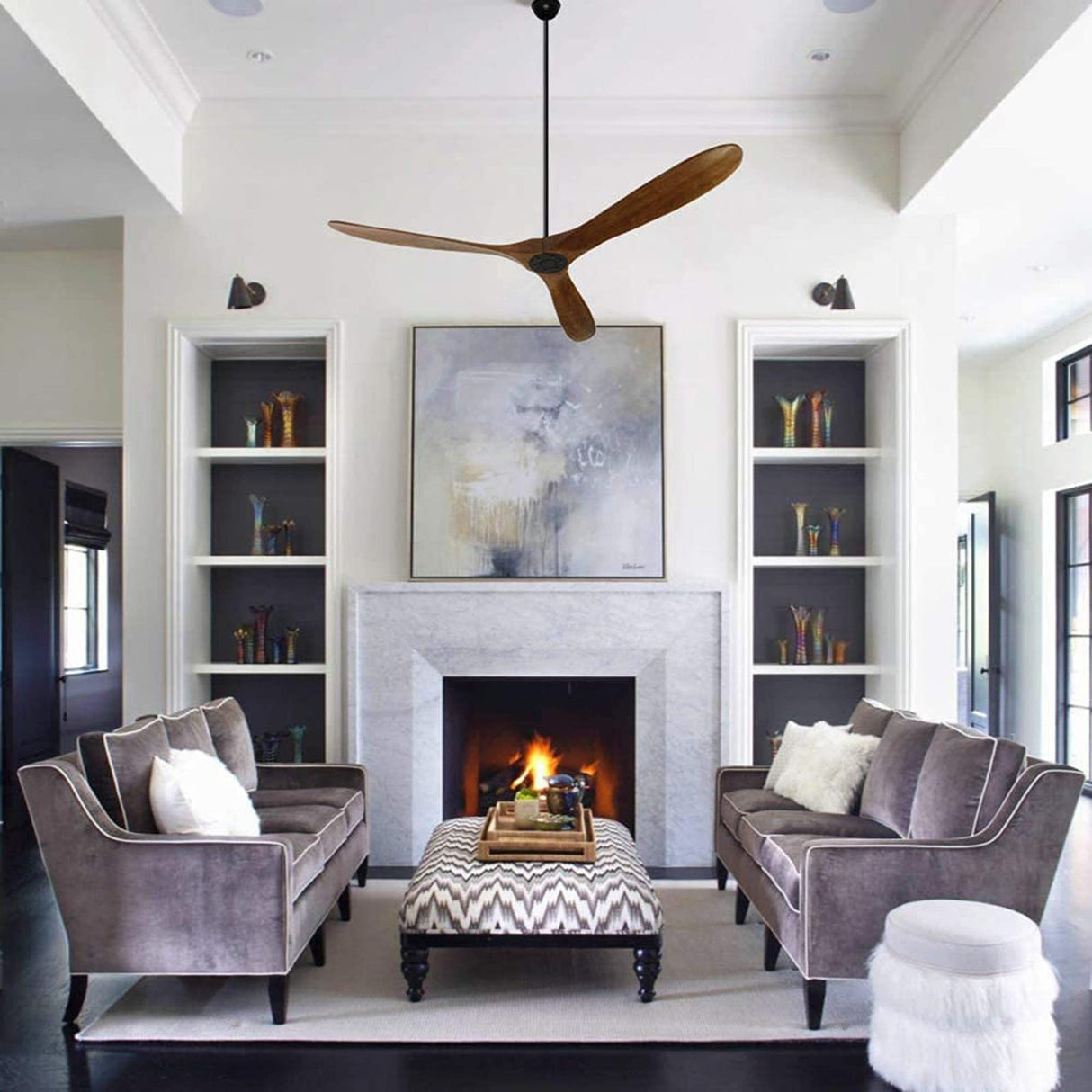 XCWIIE Modern Ceiling Fan No Light 60" Outdoor Ceiling Fans Retro Wood Ceiling Fans, 3 Balsa Wood Blades, DC Motor, for Restaurant Living Room Bedroom Inverter Silent Fan with Remote Timing Function XCWIIE