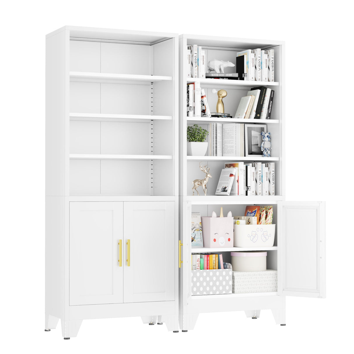 pozdeg 71" Metal Bookcases and Bookshelves with 2 Doors and 4 Adjustable Shelves, Tall White Storage Cabinet Industrial Modern Open Display Book Shelf for Living Room, Bedroom, Office (White) pozdeg
