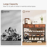 usikey Shoe Rack, 4 Tier Shoe Storage Organizer with 2 Drawers, Metal Shoe Shelf for 12-15 Pairs of Shoes, with 3 Fabric Shelves and Wooden Top, Shoe Stand for Closet Entryway, Rustic Brown usikey