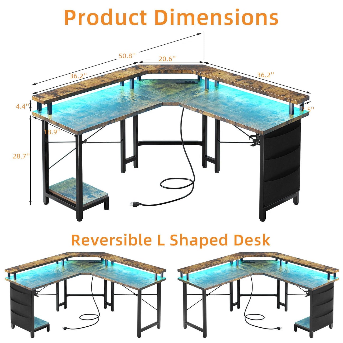 Flrrtenv L Shaped Gaming Desk with LED Lights & Power Outlets, 51" Corner Computer Desk with Full Size Monitor Stand, Storage Bag & CPU Stand for Home Office, Rustic Brown