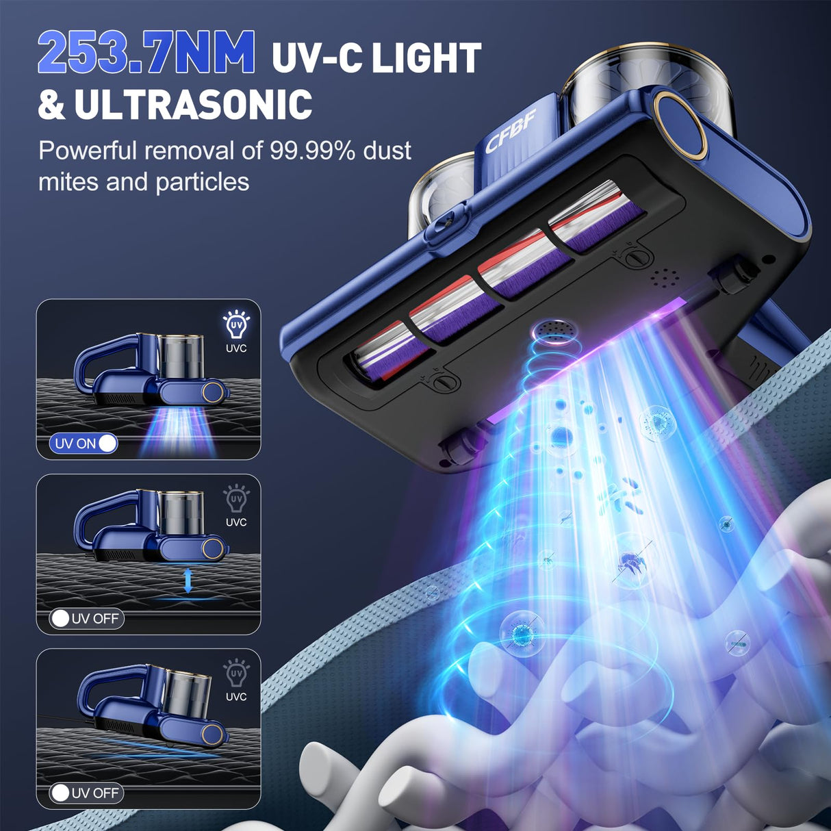CFBF Mattress Vacuum Cleaner, Bed Vacuum Cleaner with 16Kpa Suction 253.7nm UV-C Light, Ultrasonic & High Heating, 500W Powerful Double-Cup Handheld Vacuums for Bed, Sofa, Couch, Crib, 16.4FT Corded CFBF