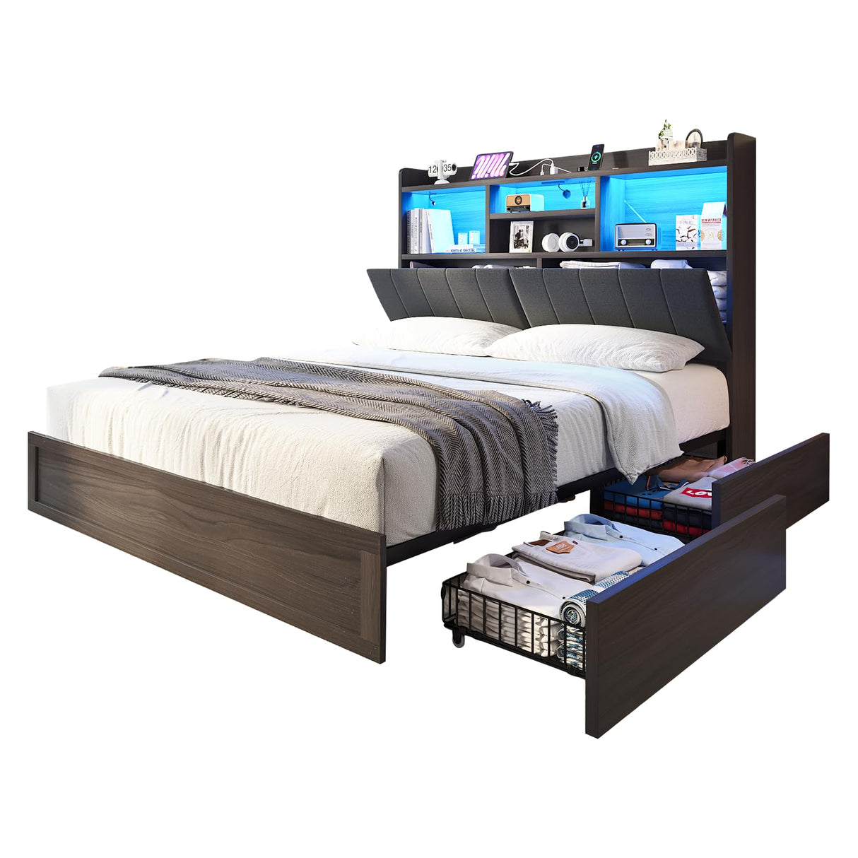 LUXOAK Full Farmhouse Bed Frame with Bookcase Headboard and 4 Drawers, LED Storage Bed with Charging Station & Linen Upholstered, No Box Spring Needed, Black LUXOAK