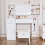 Viaozutis Vanity Desk with Mirror and Lights, with Hidden Shelves,4 Compartments,2 Drawers,Cabinet & Stool,Dimmable LED Lights,Power Outlets, Ideal for Bedroom Vanity Organization(White) Viaozutis
