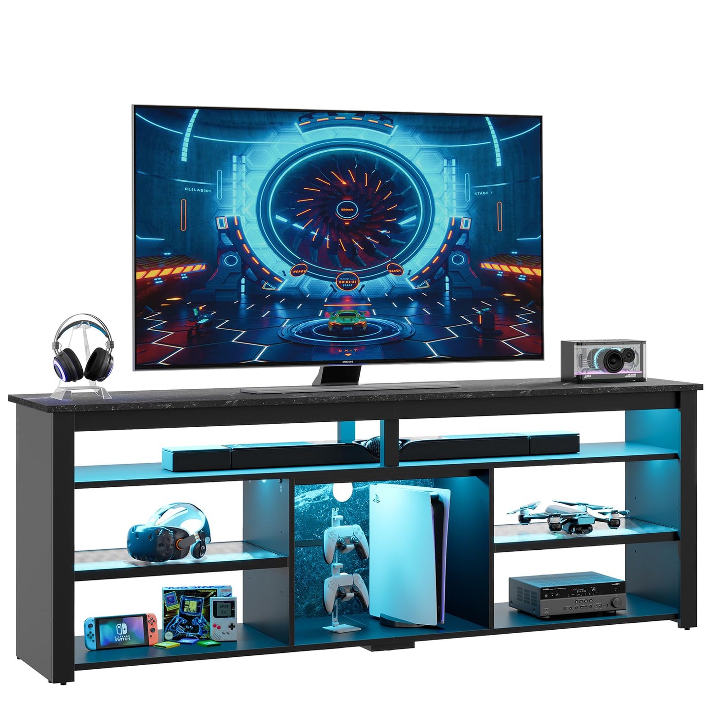 Bestier 70 Inch TV Stand, Tall LED Entertainment Center for 70/75/80 inch TV, Gaming TV Cabinet with Storage for PS5, Modern TV Console for Living Room Bedroom, Black Marble