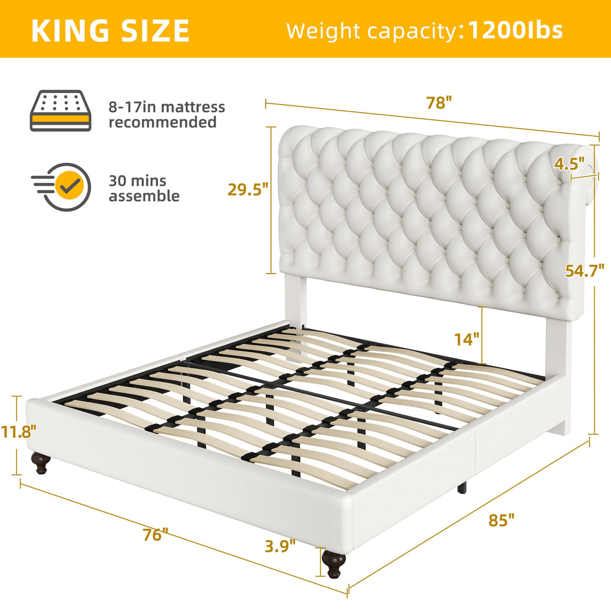 DWVO Queen Size Platform Bed Frame with 54" Tall Headboard, PU Leather Upholstered Platform Bed with Solid Wood Leg, Button Tufted, No Box Spring Needed, Easy Assembly, Beige DWVO