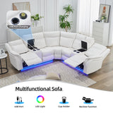 TODRANI Power Reclining Sectional Sofa 5 Seater, Faux Leather Reclining Sectional Couches for Living Room with Wall Hugger Recliner, L Shaped Furniture Sofa Sets with LED Light, USB Port, White TODRANI