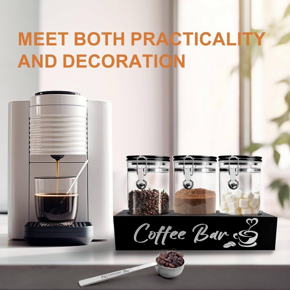 MACIFECI Glass Coffee Containers with Shelf Coffee Station Organizer 54oz Black Glass Coffee Bean Storage Canister with Spoon Coffee Canister Set Kitchen Food Storage Jars for Coffee, Sugar, Candy MACIFECI