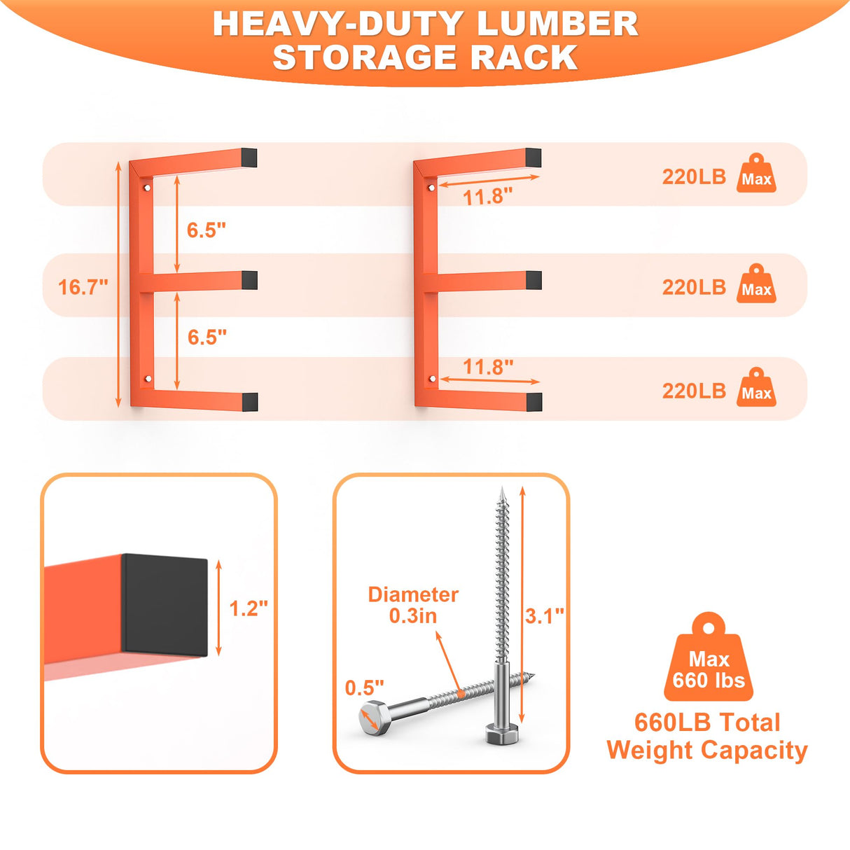 Ultrawall Lumber Storage Rack Wall Mount Wood Storage Racks, Metal Wood Organizer Racks for Shed, Workshop, Garage, Holds Up 220 LBS Per Level (Pack of 4, Orange) Ultrawall