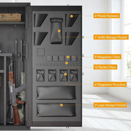 Large Rifle Safe, 35-40 Gun Safe for Rifle and Shotgun/Rifle Pistol Rack/Storage Pocket/Removable Shelf/Silent Mode/External Battery/LED/Key,180° Open Door Panel Organizer Unassembled Gun Safe Cabinet TTSITG
