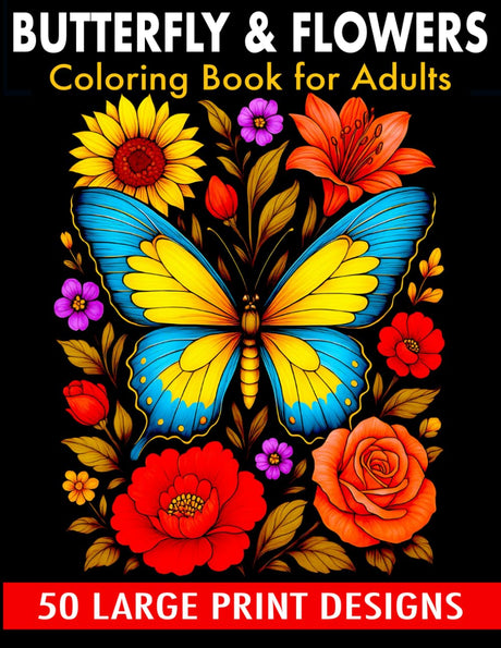 Butterfly & flowers coloring book for adult large print designs: 50 Beautiful Large Print Butterfly and Floral Designs for Stress Relief and Mindful Relaxation. A Coloring Journey for All Ages WoodArtSupply