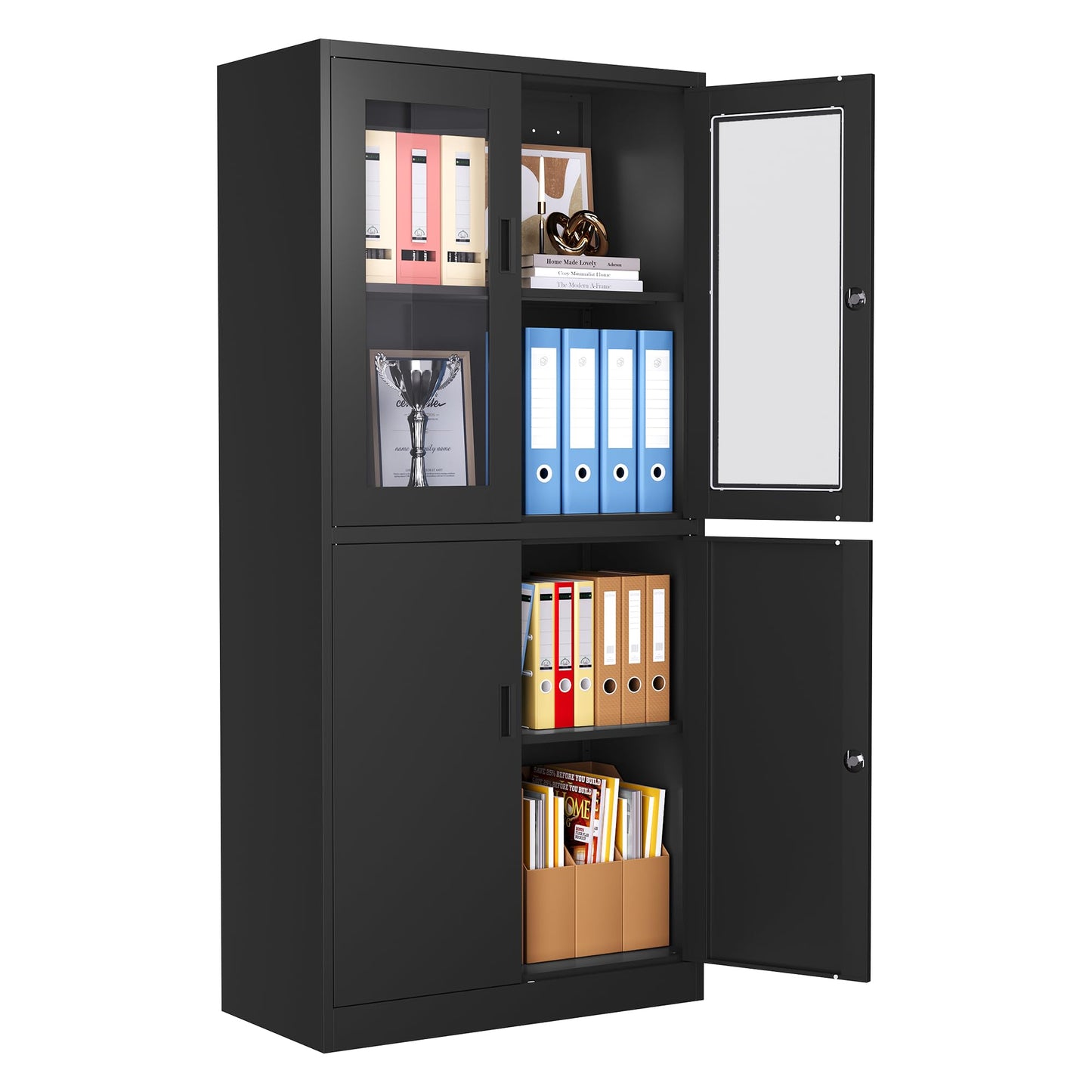 LISSIMO Metal Storage Cabinet with Glass Doors, Lockable Office Cabinet, 71" Tall Steel Cabinet with Adjustable Shelves for Home Office,School and Hospital (Black) - WoodArtSupply