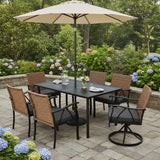 Andehomy 7-Piece Patio Dining Set for 6, Outdoor Dining Set with Wicker Swivel Patio Dining Chairs with Cushions & Black Rectangular Woodgrain Dining Table with 1.75”Umbrella Hole, Black & Brown Andehomy