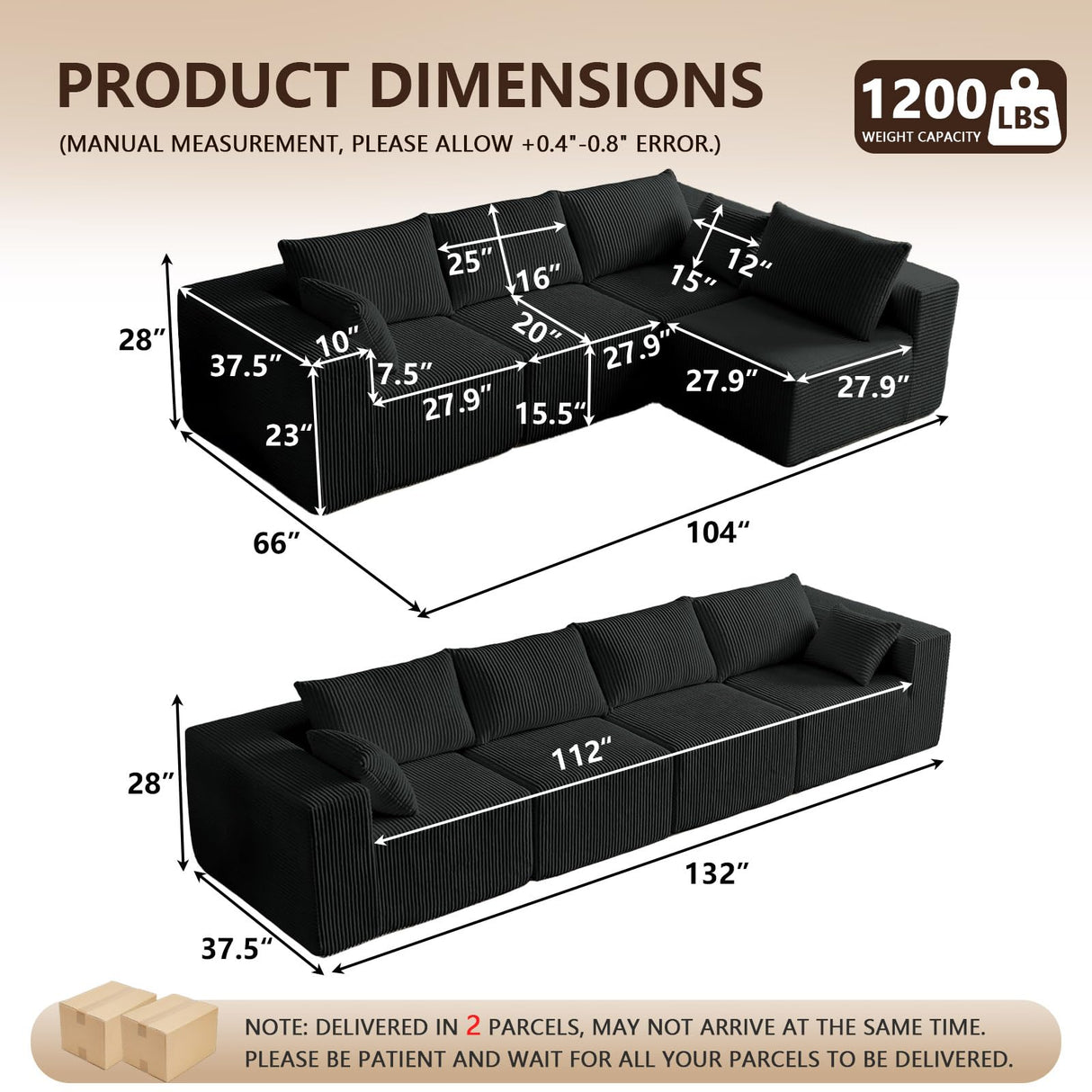 104" L-Shaped Corduroy Cloud Modular Sofa, Modern 4-Seater Sectional Couch with 6 Pillows, Deep Seat Upholstered Convertible Sofa Bed for Living Room, No Assembly Required (Black) atosela