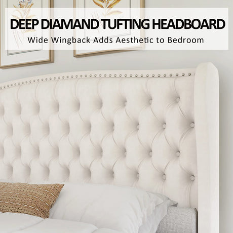 AMERLIFE King Size Platform Bed Frame, Velvet Upholstered Bed with Deep Button Tufted & Nailhead Trim Wingback Headboard/No Box Spring Required/Cream AMERLIFE