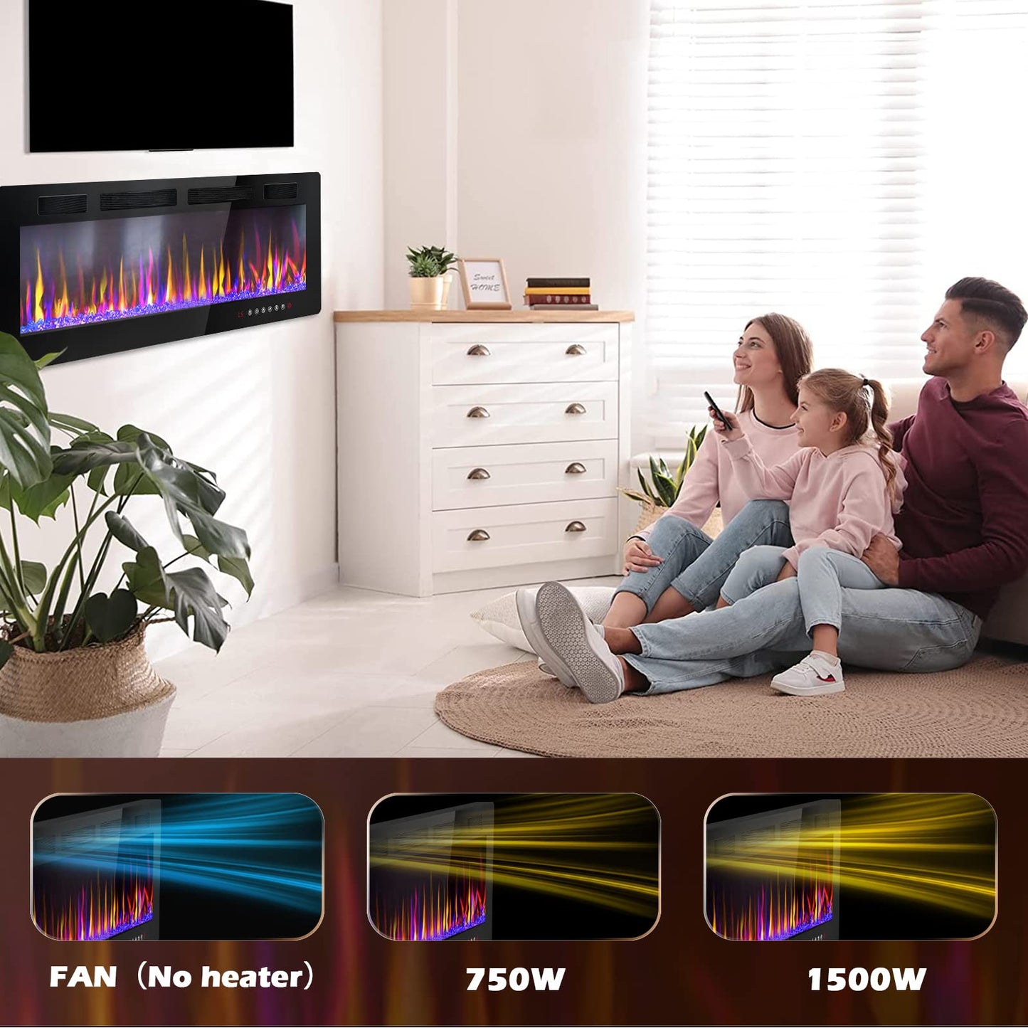 LEMBERI 50 inch Electric Fireplace Recessed and Wall Mounted,750/1500W Heater and Linear Fireplace with Touch Screen Control Panel, Timer,Remote Control,Adjustable Flame Color and Speed