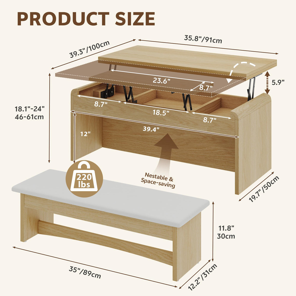 Homiflex Coffee Table Lift Top, 40'' Multi-Function Coffee Table Set with Bench & Hidden Compartment, Center Table w/Curved Corner, Converts to Home Office Table, Dining Table for Living Room, Natural Homiflex