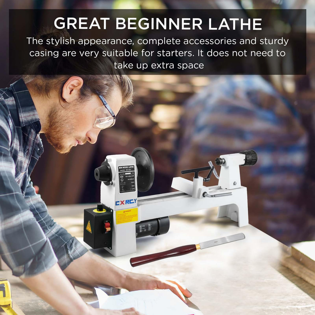 CXRCY Wood Lathe, 8" x 12" Mini Benchtop Wood Lathe Machine 1/3 HP Infinitely Variable Speed 750-3200 RPM with 2 Tool Rests, Lathe Chisel, Goggle for Woodworking, Woodturning CXRCY