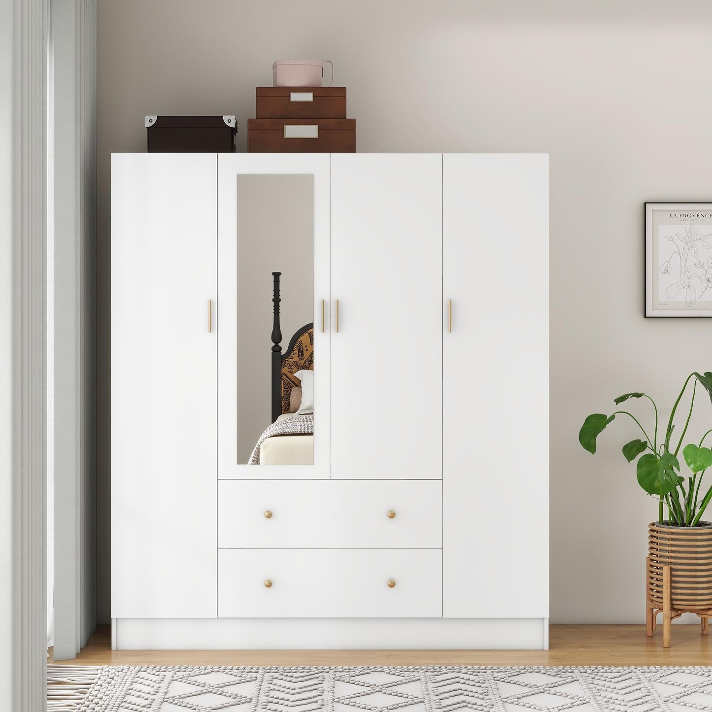 Panana Bedroom Armoires Wardrobe Closet with 4 Doors 2 Drawers and Mirror, Large Shelves Hanging Rods for Bedroom, 62.7" W x 19.7" D x 70.8" H - WoodArtSupply