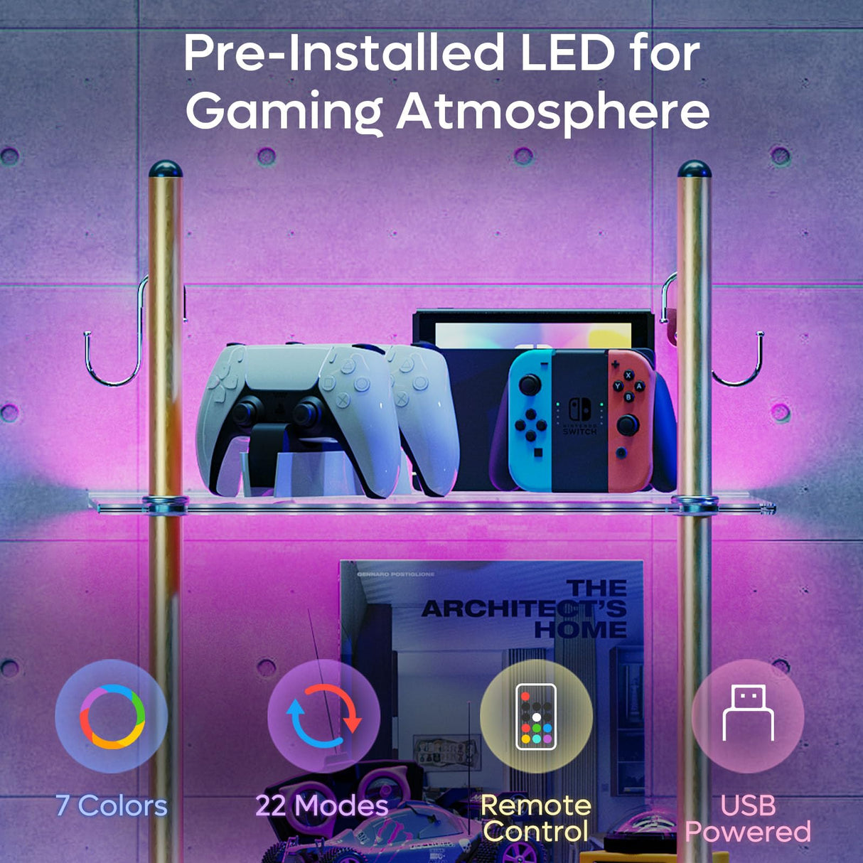 Bestier LED Floating Shelves for Wall, 15" Kitchen Shelves Wall Mounted 2 Tier Shelf with Tower Bar ＆ 6 S-Hooks, Pipe Hanging Shelves Wall Decor for Bathroom Bedroom, White Marble Bestier