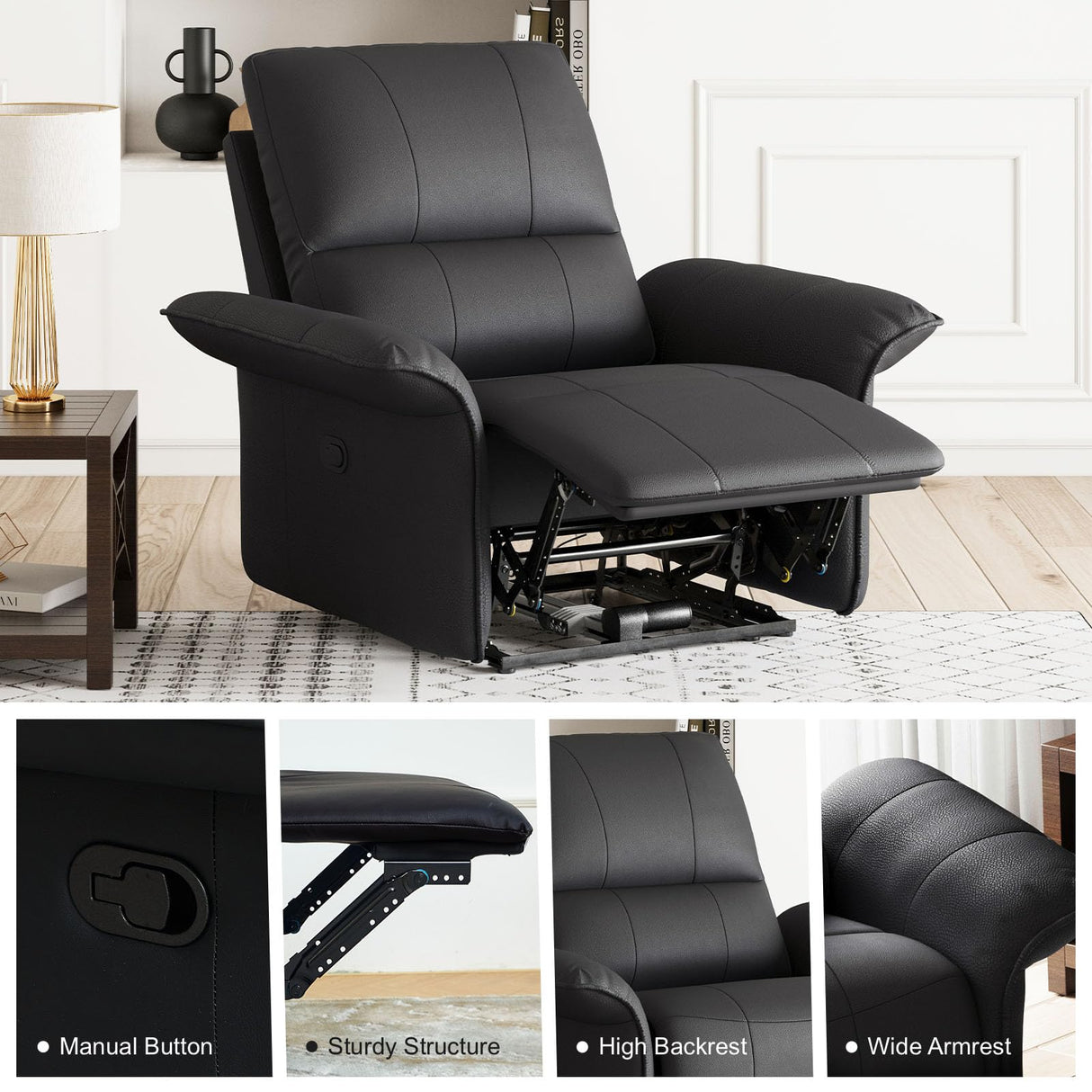 Belffin Leather Loveseat Recliner Sofa for Living Room Oversized Black Manual Reclining Couch for Living Room Double Recliner Home Theater Seating. Black Couch Belffin
