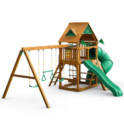 Gorilla Playsets 01-0005-AP Mountaineer Wooden Swing Set with Two Slides & Wood Roof, Brown