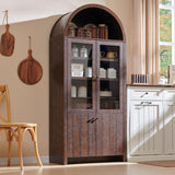 IFGET 71" Tall Arched Kitchen Pantry Cabinet, Modern Farmhouse Kitchen Storage Cabinets with Open & Adjustable Shelves, Hidden Drawer & Glass Door, Versatile Cupboard for Kitchen, Dining Room, Brown IFGET