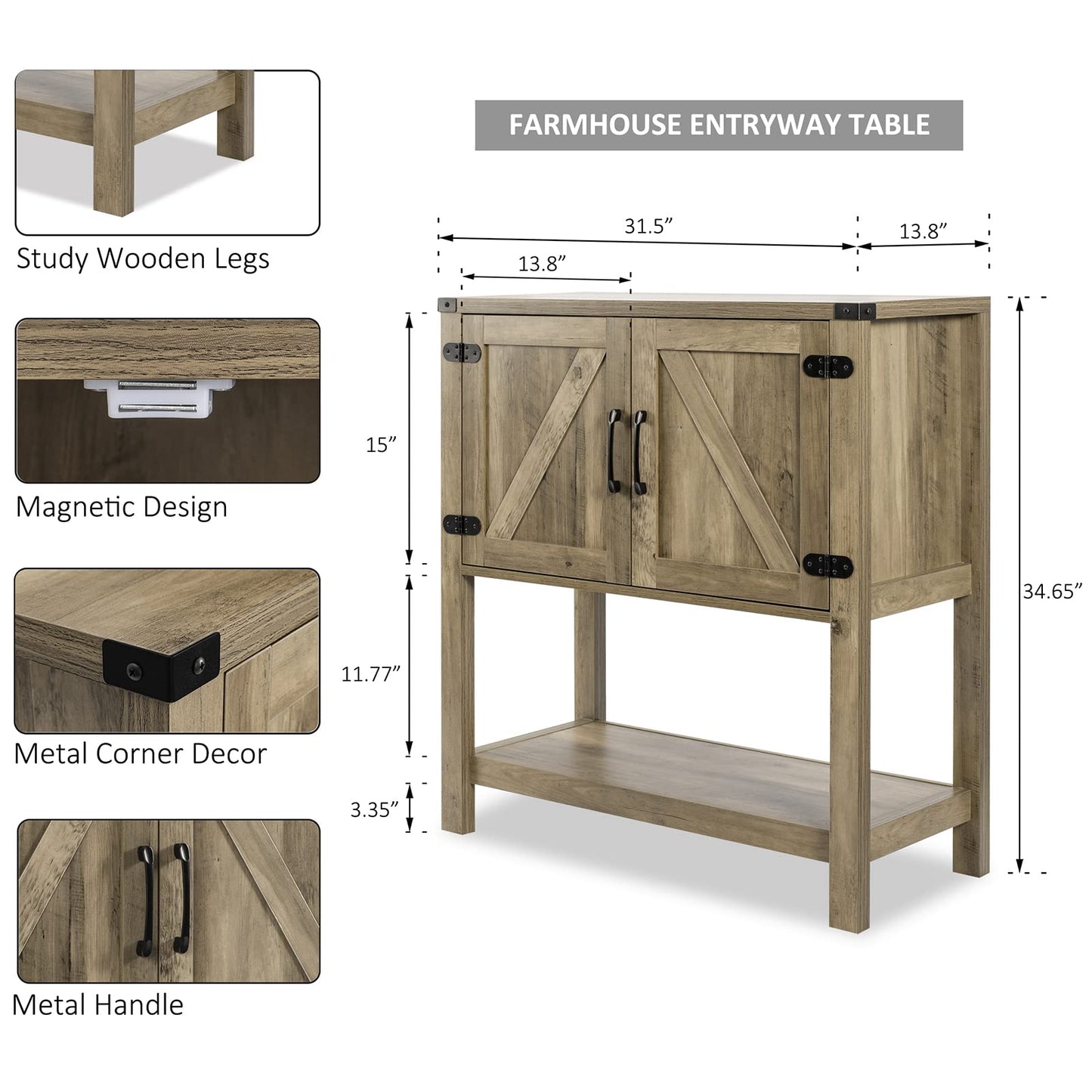 Mufico Grey Console Table with 2 Storage Cabinets – Multifunctional Entryway, Sofa, and Coffee Bar Station Cabinet