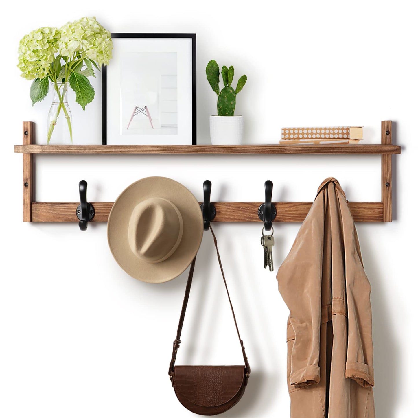 Tatub 29'' Coat Rack Wall Mount with Shelf, Wood Wall Hooks with Storage, Entryway Shelf with 5 Hangers for Bathroom, Living Room, Bedroom, Rustic Brown - WoodArtSupply