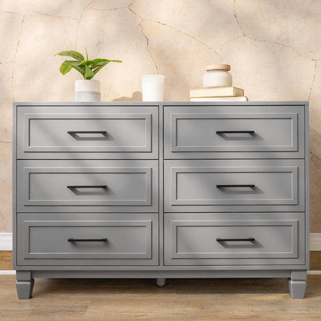 BERRY NEST Farmhouse Dresser for Bedroom, 6 Drawer Dresser with Unique Solid Wood Legs, Modern Wide Chest Dressers for Clothes, Closet, Living Room, Grey BERRY NEST