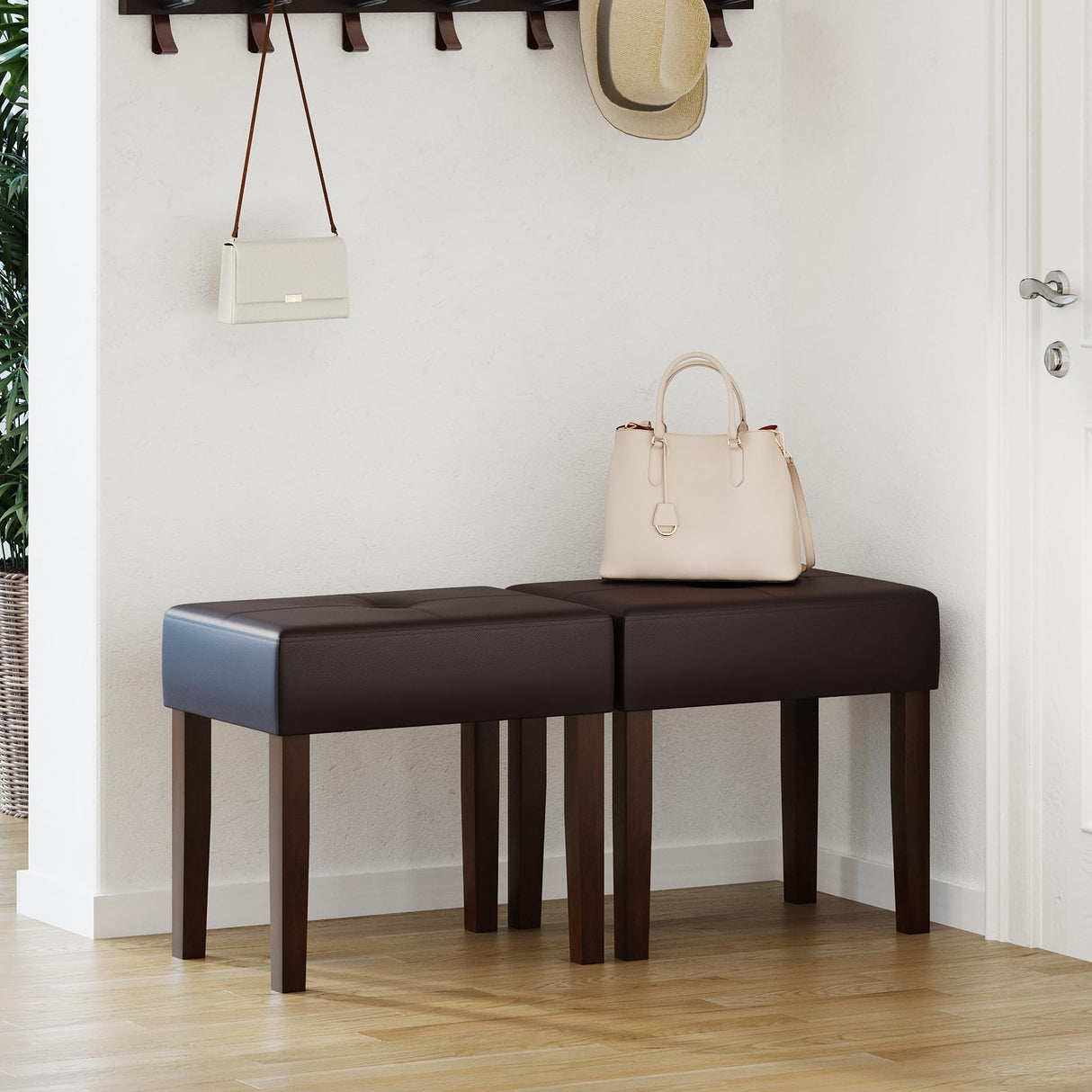 EOSVALO Leather Vanity Stool, 20 Inch Wide Rectangle Ottoman Bench for Makeup Room, Vanity Chair with Wood Legs for Piano Room, Bedroom,Living Room with Customizable (Cherry) EOSVALO