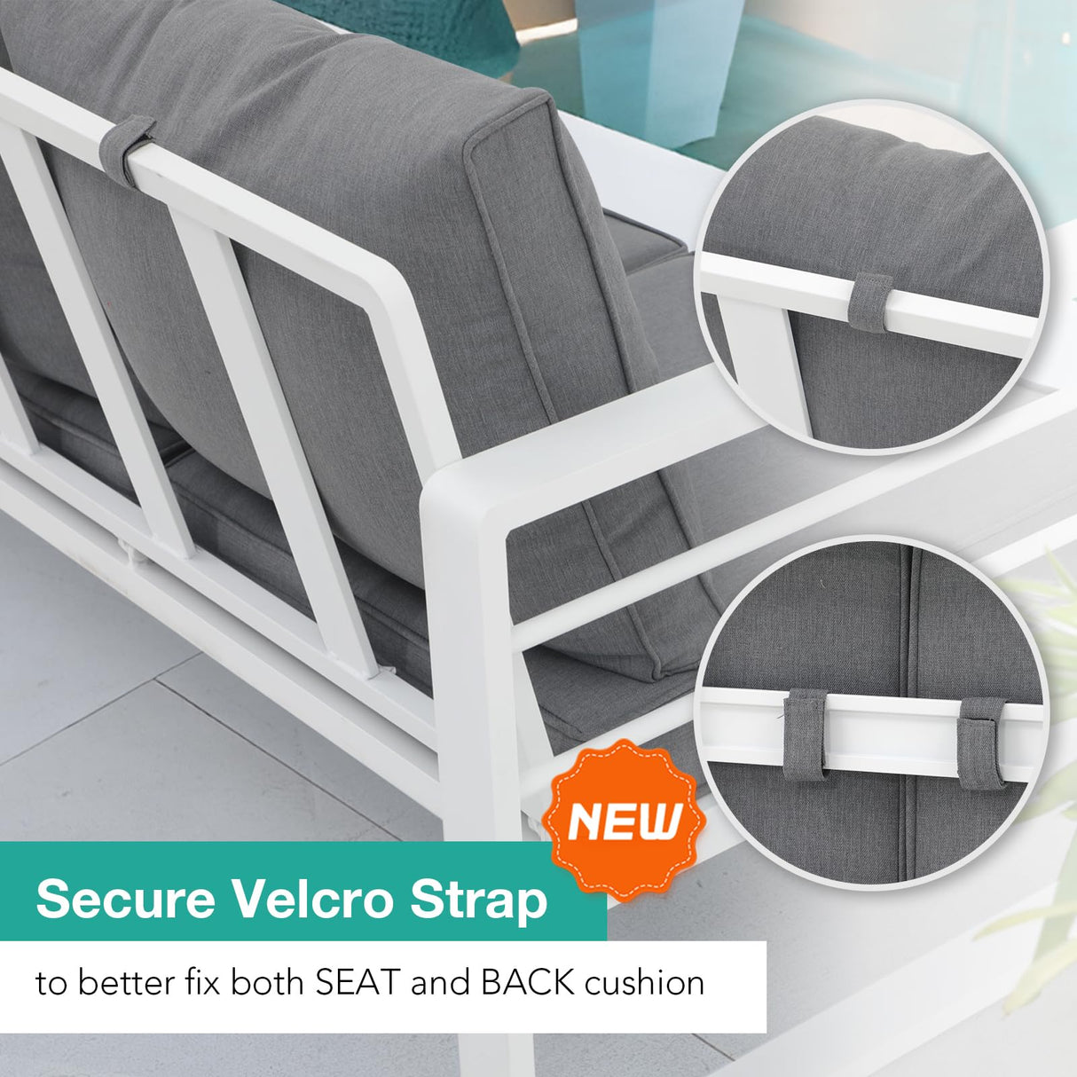 Patiorama Aluminum Patio Furniture Set, 4 PCS Modern Patio Conversation Set, All Weather White Outdoor Sectional Sofa Set w/Coffee Table, 3-Seater Sofa, Superior Olefin Cushion, Garden-Grey Cushion Patiorama