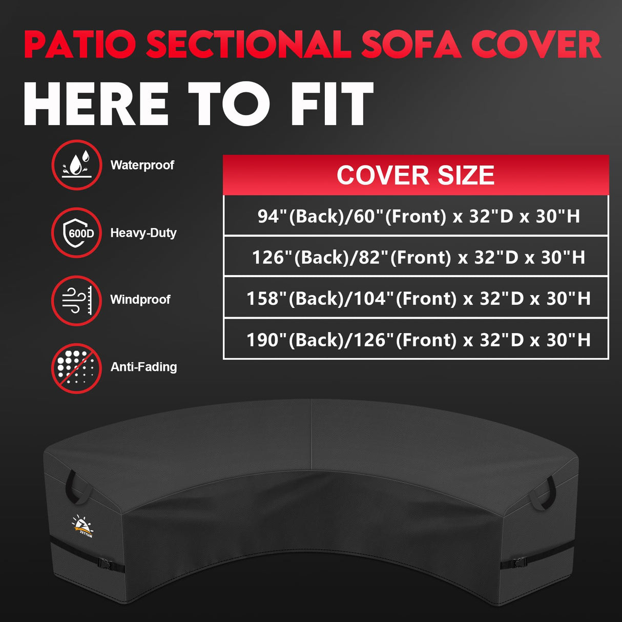 Zettum Outdoor Curved Sectional Cover - Patio Sectional Sofa Cover, 600D Waterproof Patio Furniture Covers for 2-3 Seater Outdoor Sectional Sofa and Couch, 94"(Back)/60"(Front) Zettum