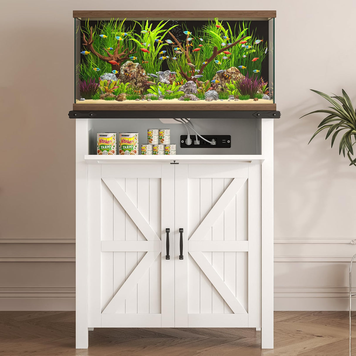 Suadism 20 Gallon Aquarium Stand With Charging Station, Farmhouse Fish Tank Stand, Reptile Tank Stand Terrarium Stand with Drawer and Cabinet Storage, Sturdy Heavy Duty 27.6"×15.7" Tabletop - White Saudism