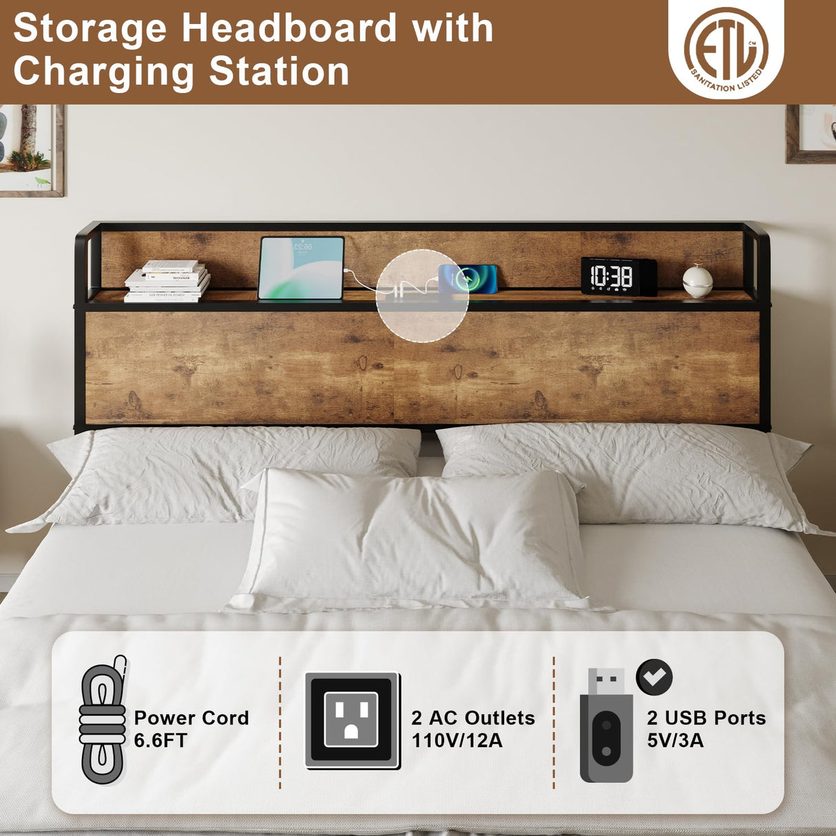 AMERLIFE King Size Lift-Up Storage Bed Frame with Charging Station in Rustic Brown AMERLIFE
