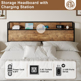 AMERLIFE King Size Lift-Up Storage Bed Frame with Charging Station in Rustic Brown AMERLIFE