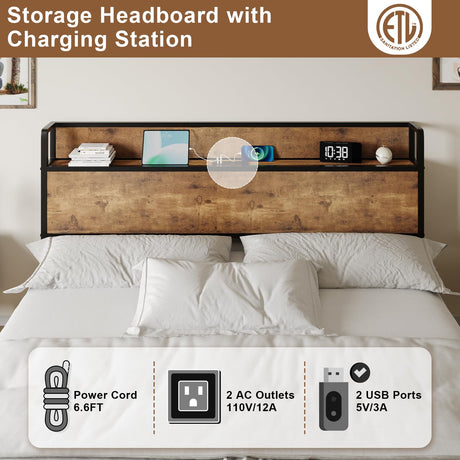 AMERLIFE King Size Lift-Up Storage Bed Frame with Charging Station in Rustic Brown AMERLIFE