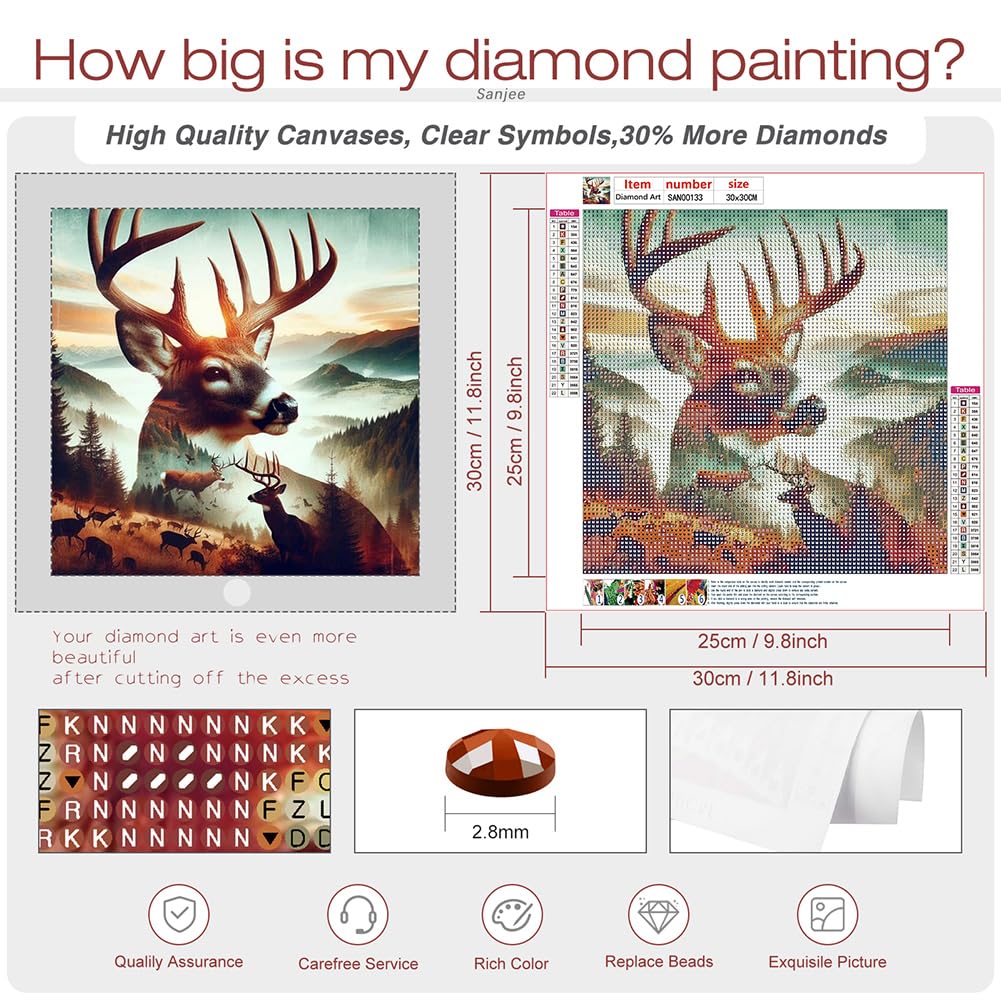 Sanjee Deer Diamond Art Kits for Adults, Landscapes Diamond Painting Kits for Beginner, 5D DIY Round Full Drill Gem Art Crafts for Home Wall Decor Gift, 12x12inch Sanjee