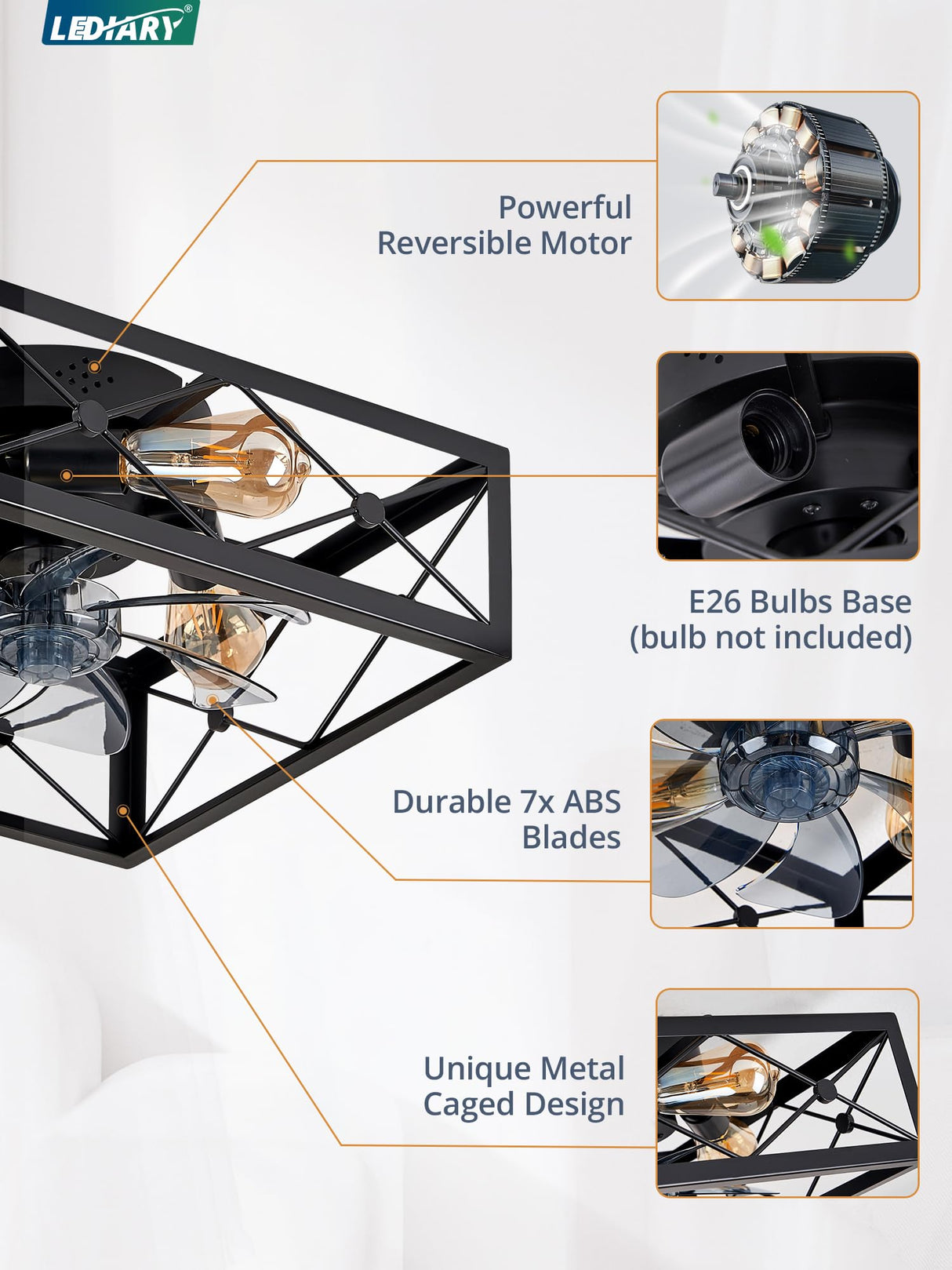 LEDIARY Caged Flush Mount Ceiling Fans with Lights and Remote, Black Square Low Profile Ceiling Fan, Small Farmhouse Bladeless Ceiling Fan for Bedroom, Kitchen, Indoor LEDIARY