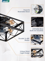 LEDIARY Caged Flush Mount Ceiling Fans with Lights and Remote, Black Square Low Profile Ceiling Fan, Small Farmhouse Bladeless Ceiling Fan for Bedroom, Kitchen, Indoor LEDIARY